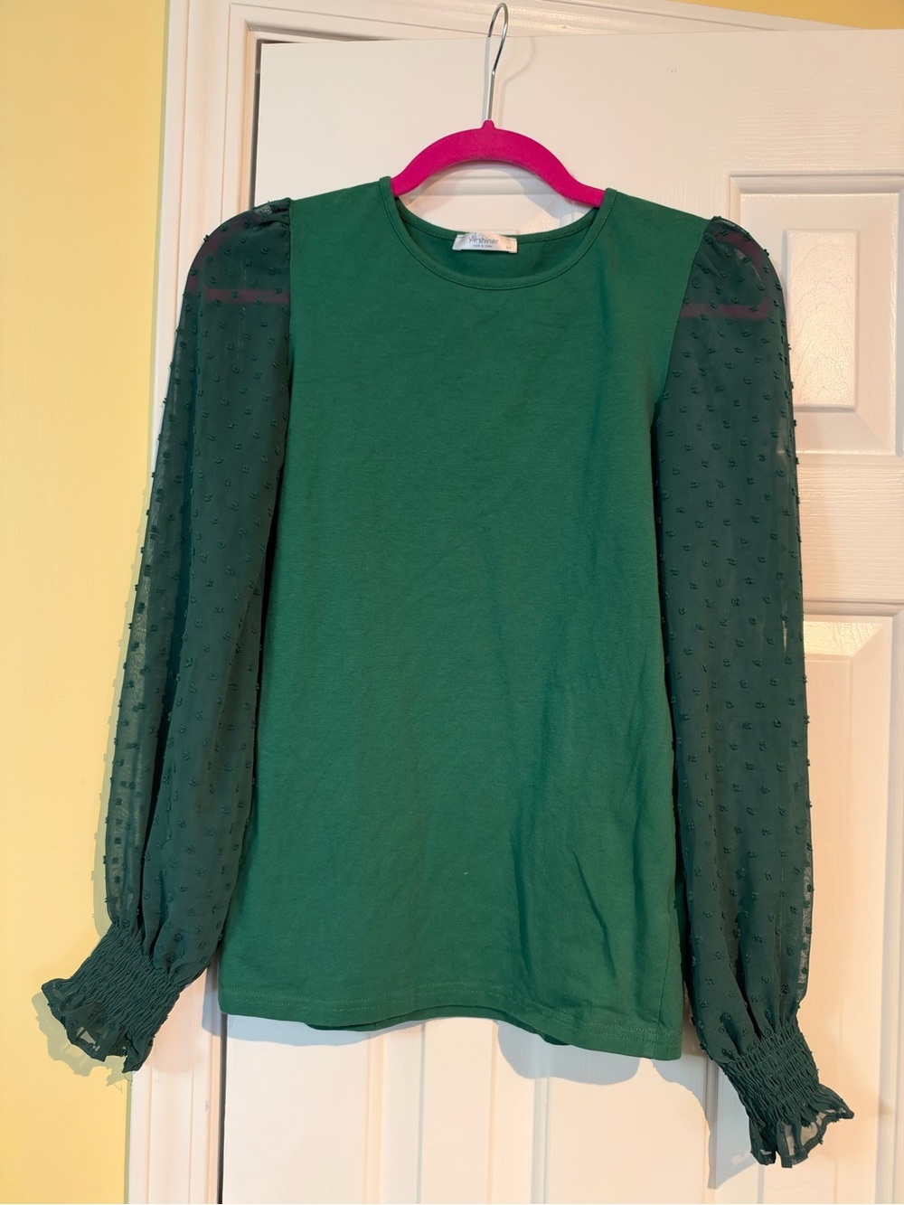 Women's Green Puff-Sleeve Blouse with Sheer Dot Sleeves